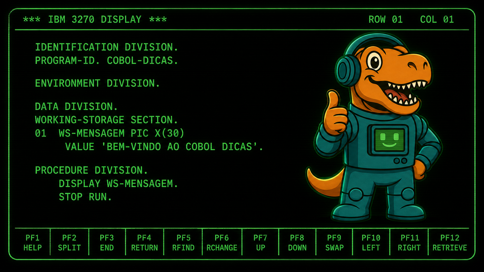 Terminal IBM 3270 com programa COBOL e mascote do COBOL Dicas